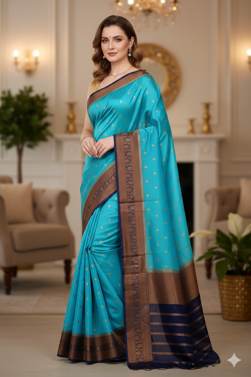 Silakaari Women's Blue Banarasi Hand Zari work Organza saree