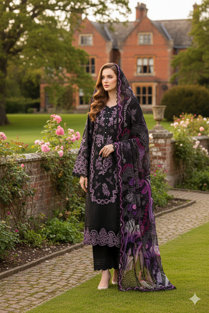 Silakaari Kurbat Pure Lawn All Over Embroidery With Sequin Black-Purple Full Patch Work Ready-Made Dress