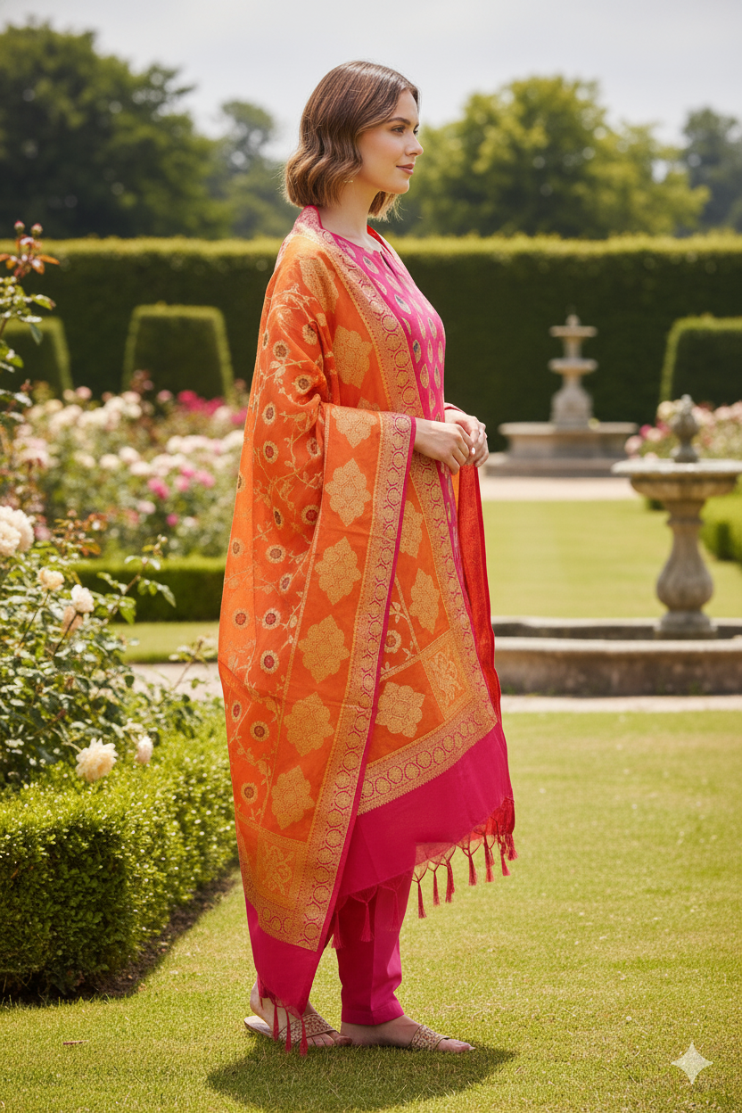 Silakaari Afsana Orange-Hot Pink Double Zari Banarasi Silk Unstitch Salwar Suit