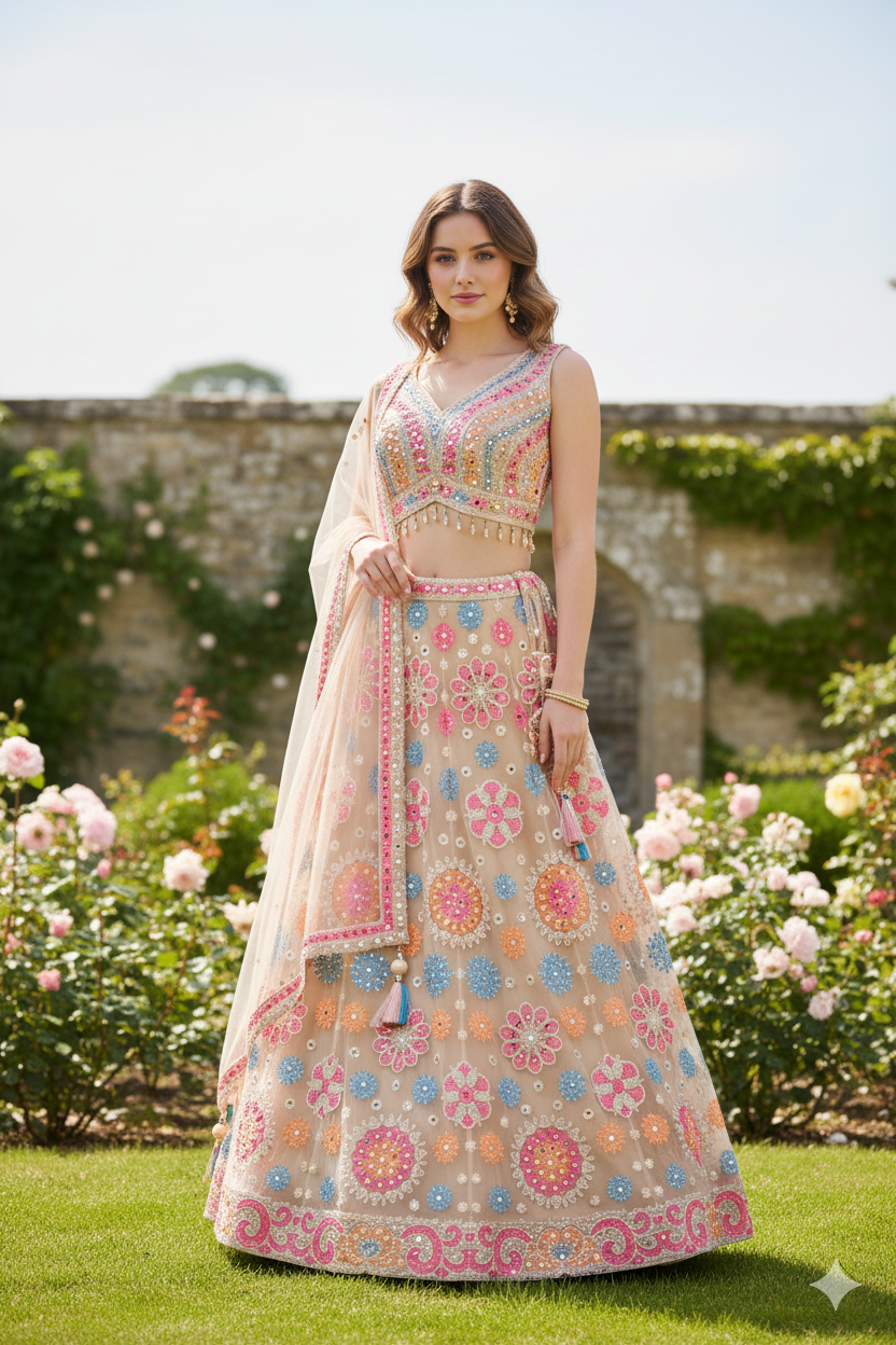 Silakaari Beige Pure Net Heavy Embroidery Mirror Thread Work Unstitched Lehenga Sharara Set