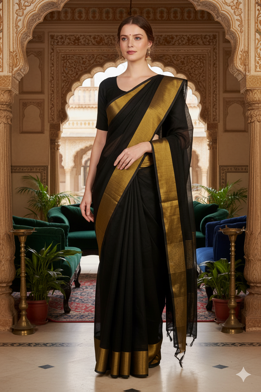 Silakaari Black Beauty Super Delux Pure Chanderi Lucknowi Premium Saree