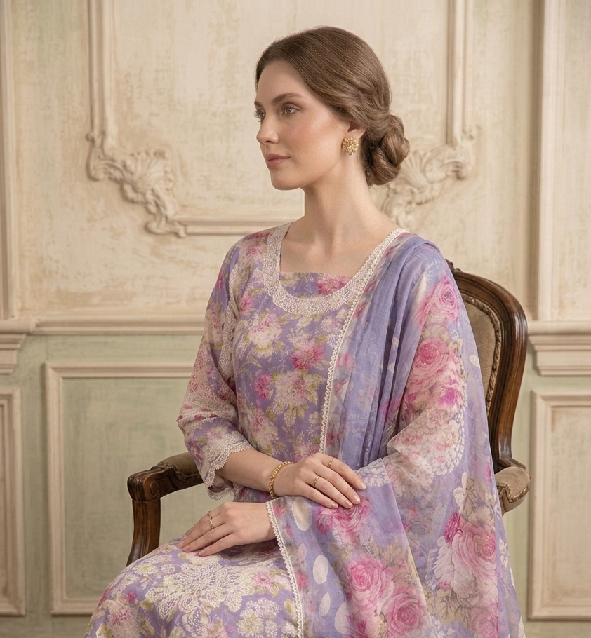 Silakaari Faraham Purple Pure Lawn Lacy Chikan Organza Patch Kurti With Semi-Palazzo Pakistani Ready-Made Dress