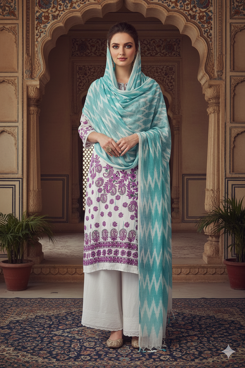 Silakaari Kamsin White-Purple Pure Chikankari Super Fine Embroidery Unstitched Dress Material