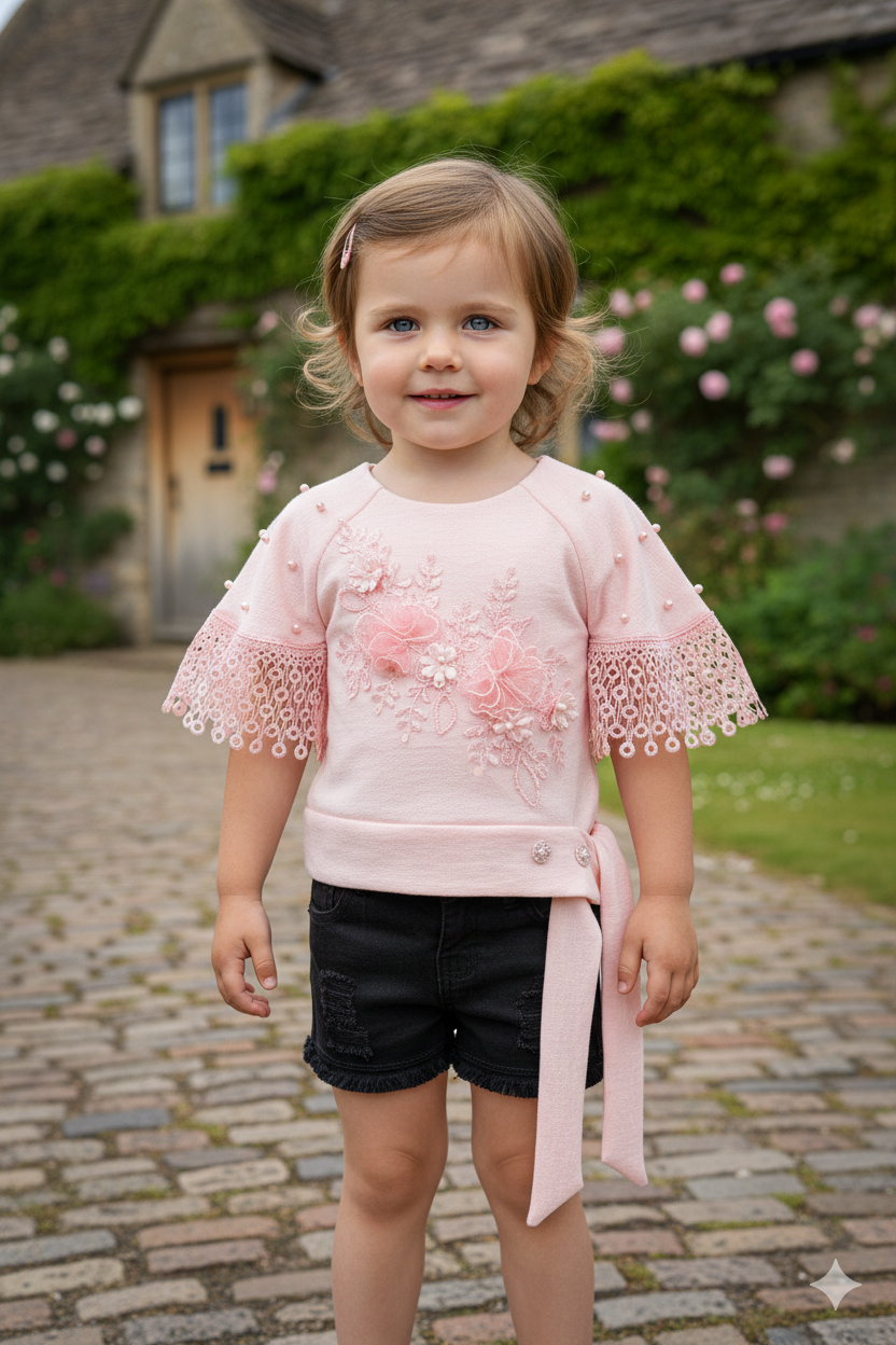 Silakaari Sophia Kids Pink Pearl Lace Flower Fancy Top For Girls with black short