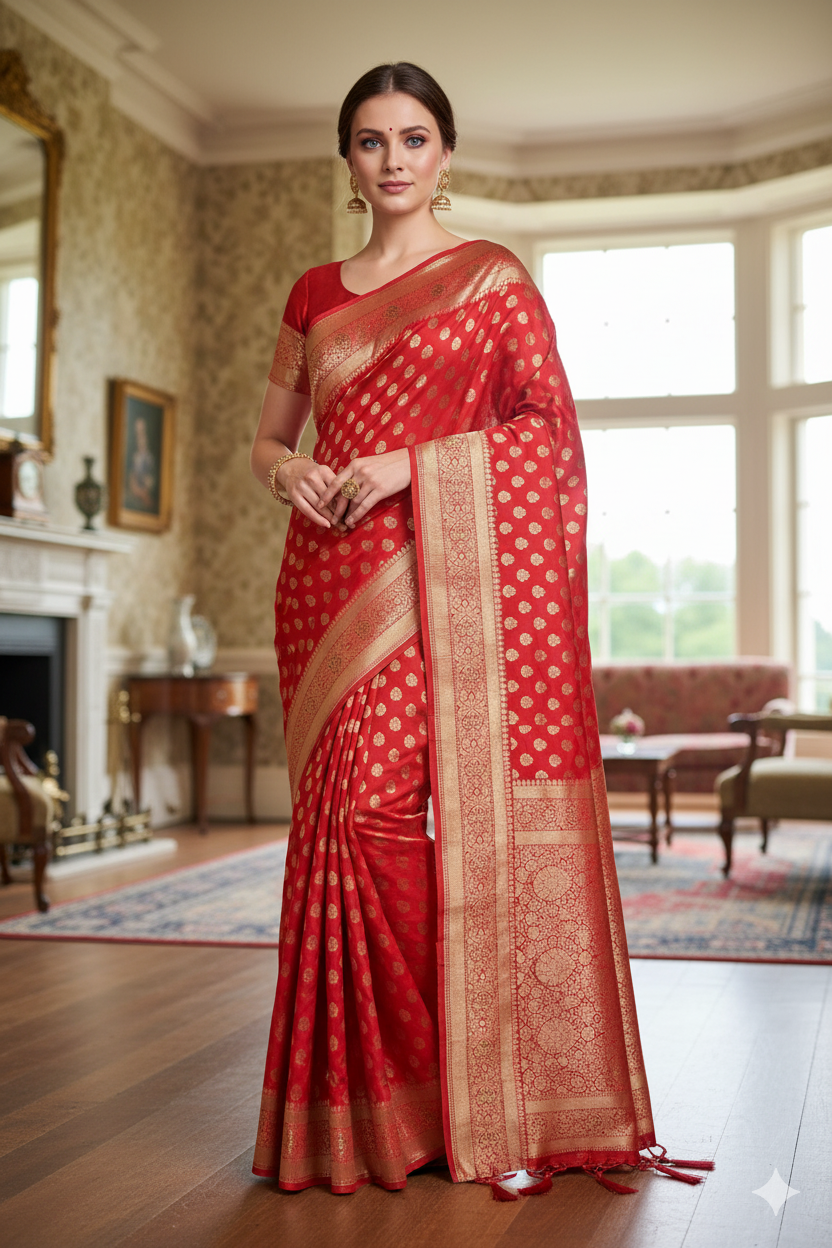 Silakaari Haseen Orangish-Gold Zari Hand Work Zardosi Tassels Pure Silk Heavy Bridal Saree