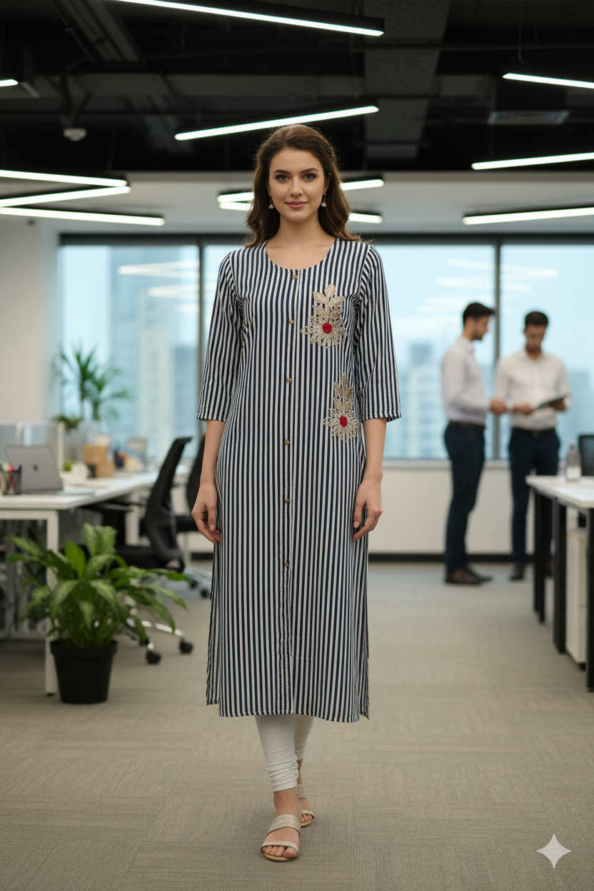 Silakaari Irsa Black-White Lining Rayon Gota Patti Long Kurti