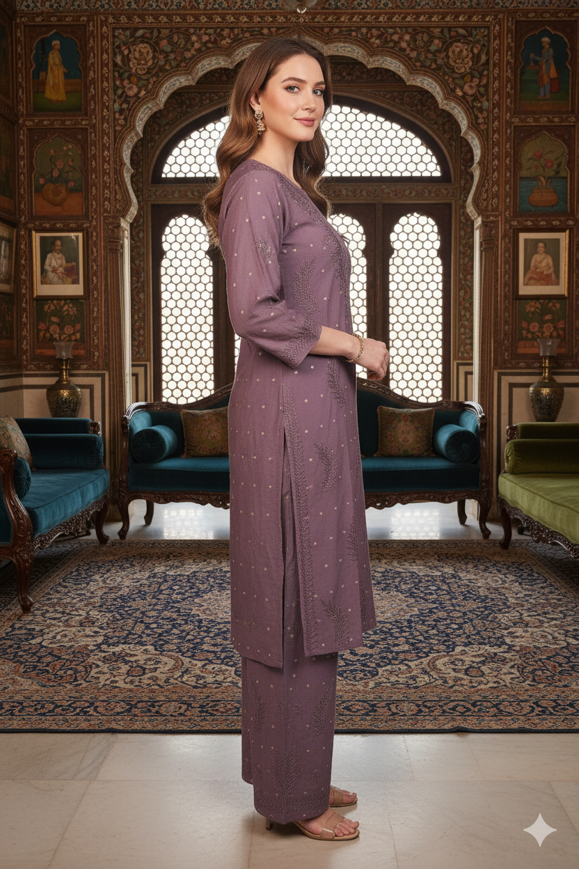 Silakaari Women's Pure Chanderi Golden Dots Kurti Palazzo Premium Lucknowi Set