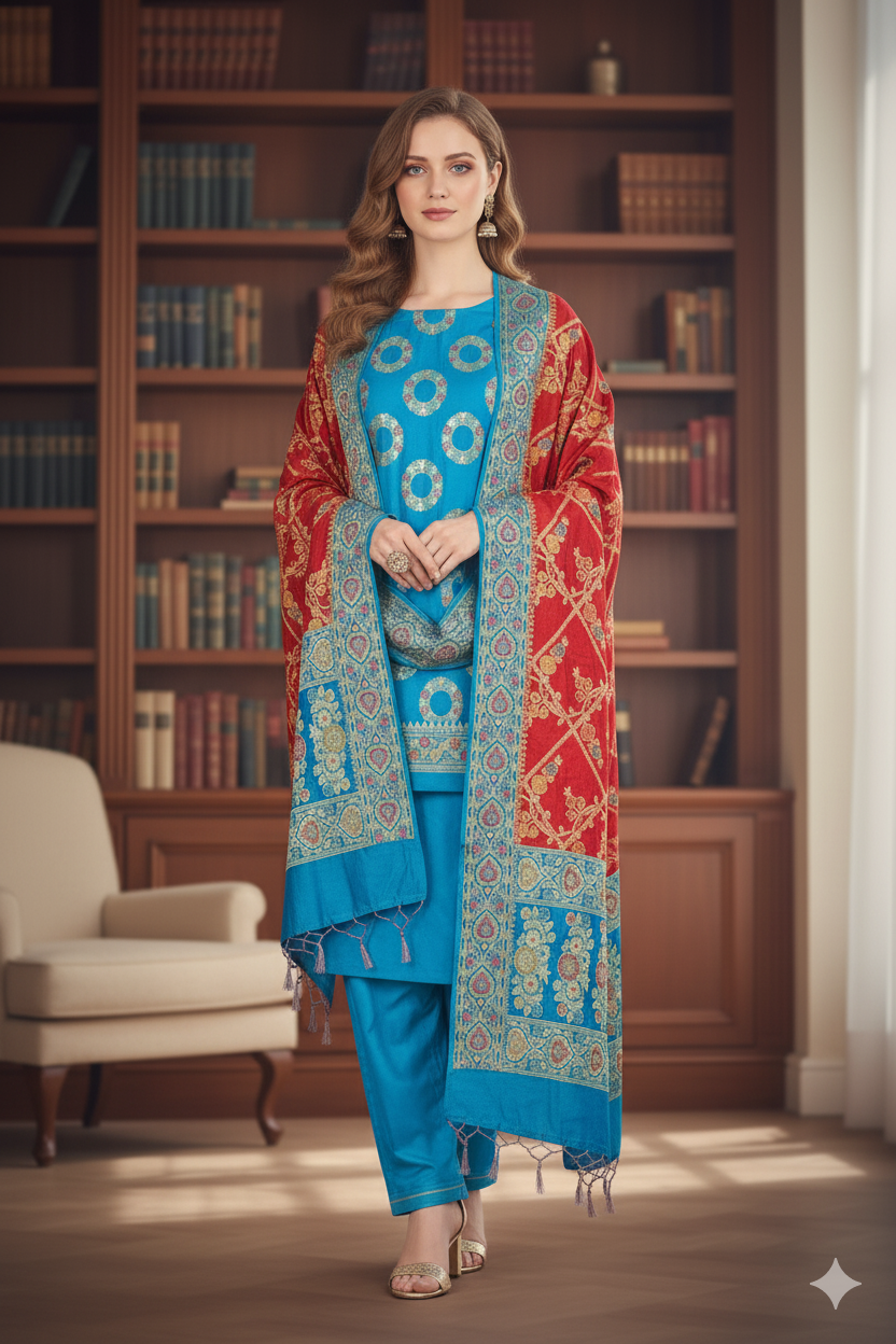 Silakaari Khoobsurat Blue-Red Pure Banarasi Katan Silk unstitch Salwar Suit