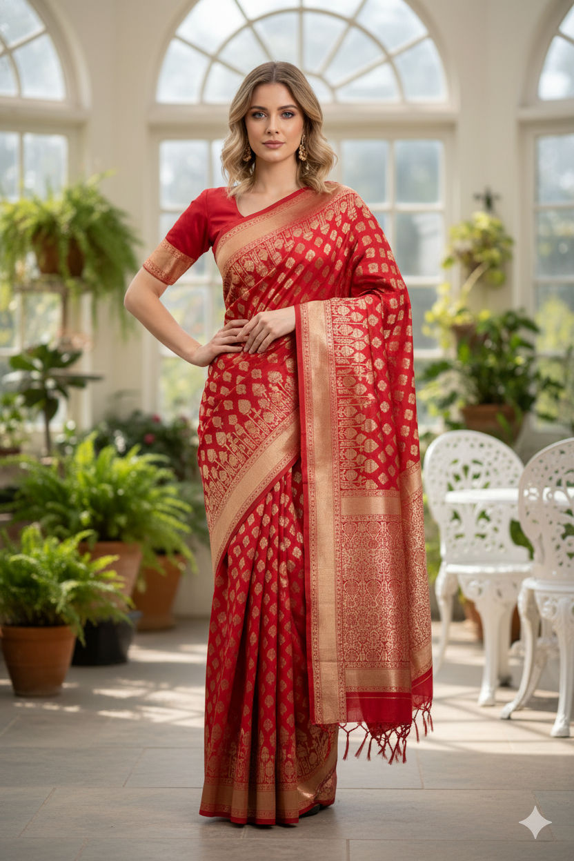 Silakaari Zari Banarasi Tango Gold-Red Woven Brocade Festive Saree