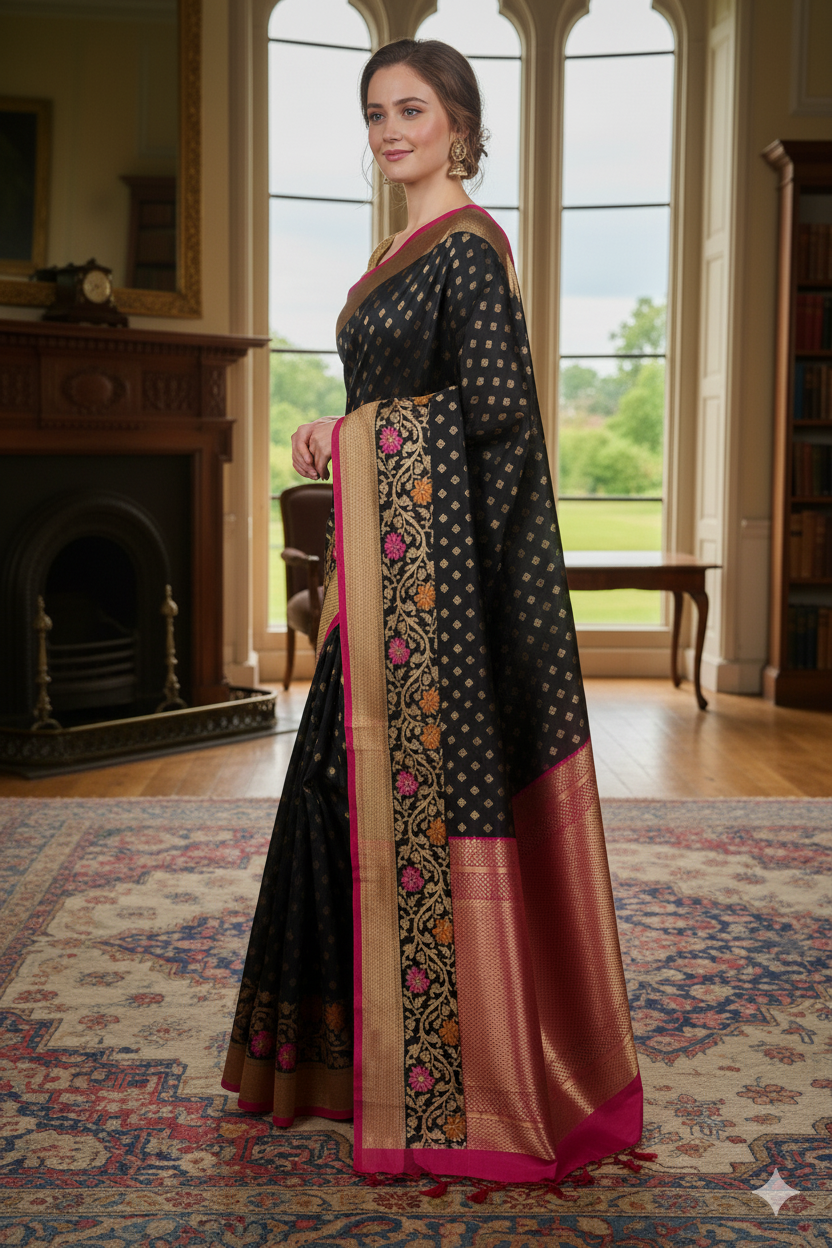 Silakaari Ada Navy Blue-Hot Pink Pure Floral Silk Banarasi Saree