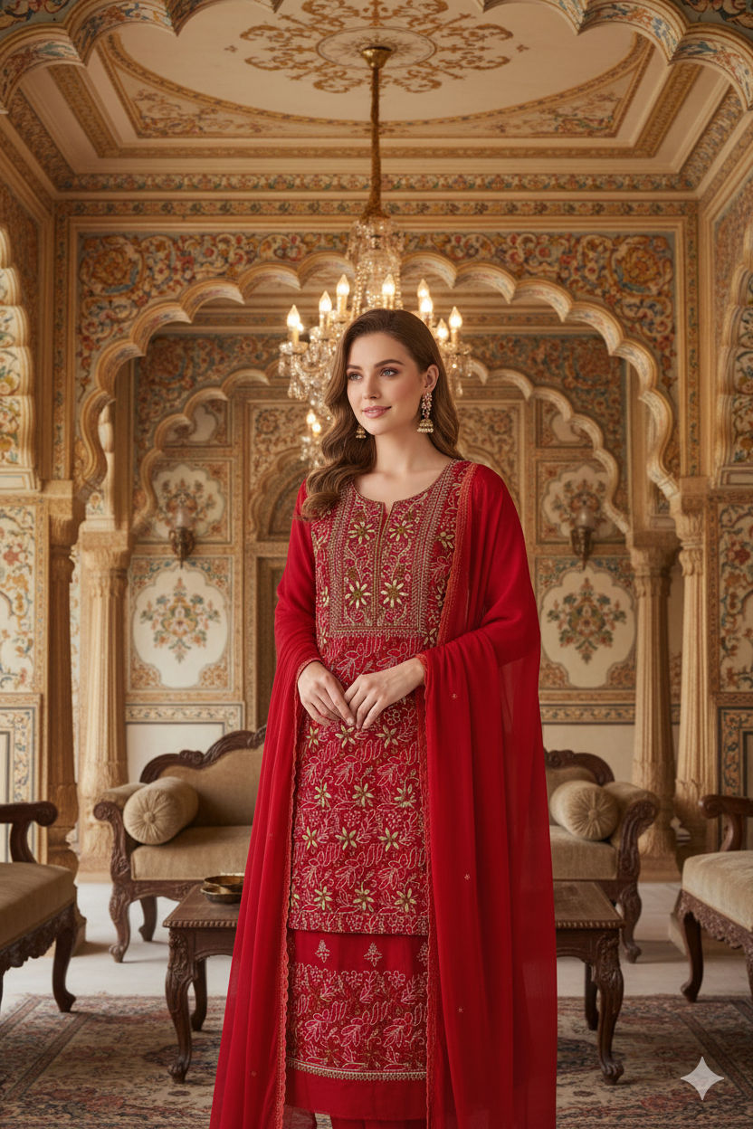 Silakaari Dulhan Gota Patti Maroon Full Jaal Premium Lucknowi Dress Material With Dupatta