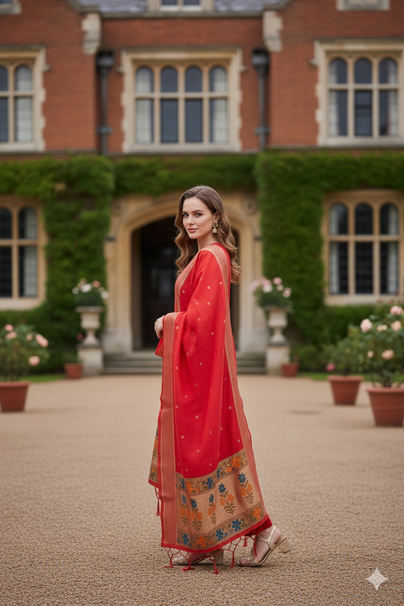 Silakaari Banarasi Silk Woven Zardosi Work & Golden foil Apple Red Unstitched Suit