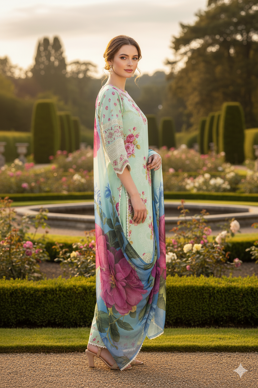 Silakaari Haseen Floss Green Pure Lawn Floral Organza Patch Work Premium Ready-Made Dress