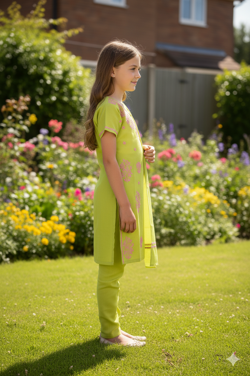 Silakaari Zubaan Mehendi Green-Pink Pure Cotton Lucknowi ChikanKari Kurti Pant With Dupatta Set For Girls