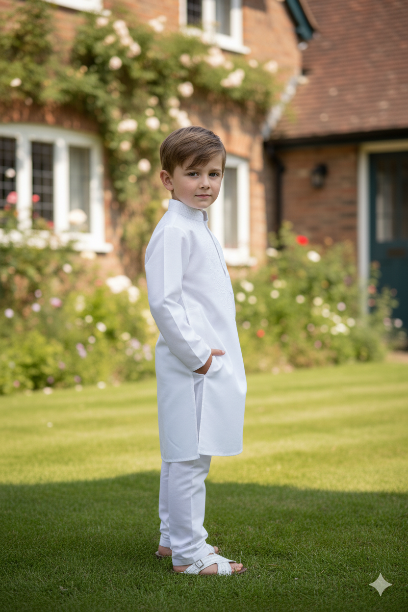 Silakaari Kids White Lucknowi Pure Cotton Kurta Pajama Set For Boys