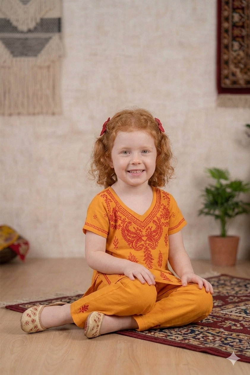 Silakaari Maha Peach-Red Pure Cotton Lucknowi ChikanKari Kurti Pant With Dupatta Set For Girls
