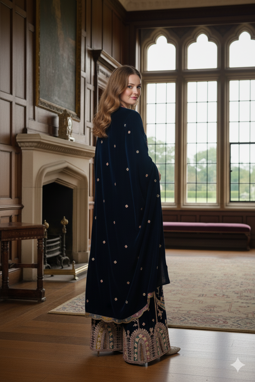 Silakaari Gehraiyaan Dark Blue-Gold Sequin Zari Bridal Pure Velvet Kurti Palazzo Set