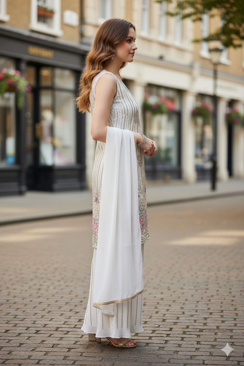 Silakaari Pure Cream Gold Sequin Hand-Work Party Wear Crepe Fancy Kurti Palazzo Set