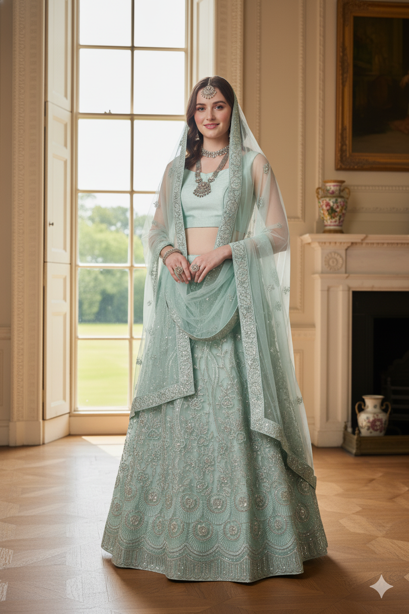 Silakaari Naaz Light Blue Sequin Dimond Fancy Evening Unstitched Lehenga Sharara Set