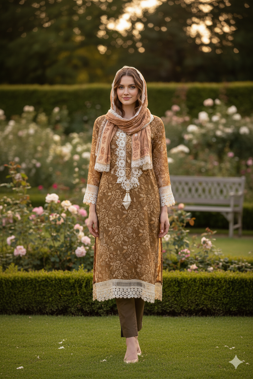 Silakaari Women's Floral Pure Georgette Heavy Lacy Designer Ready-Made Dress