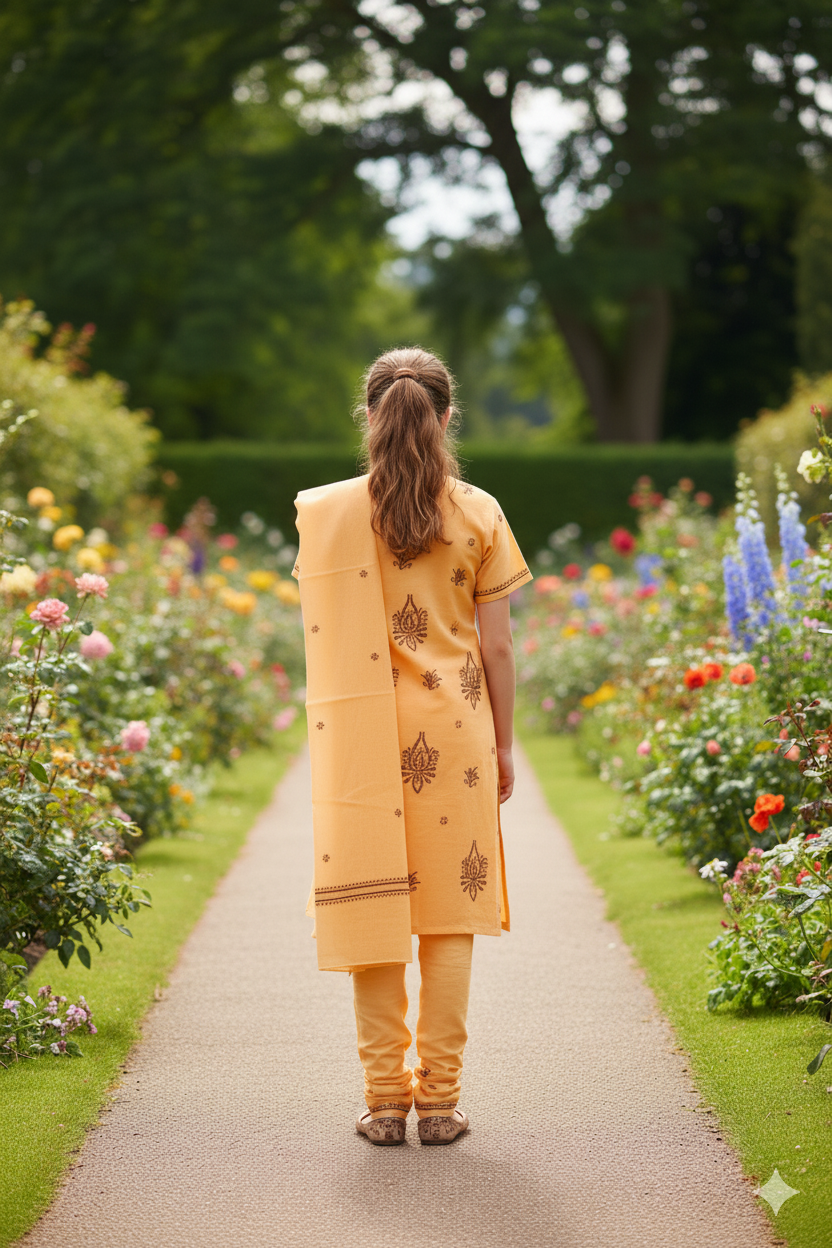 Silakaari Alayna Beige-Brown Pure Cotton Lucknowi ChikanKari Kurti Pant With Dupatta Set For Girls