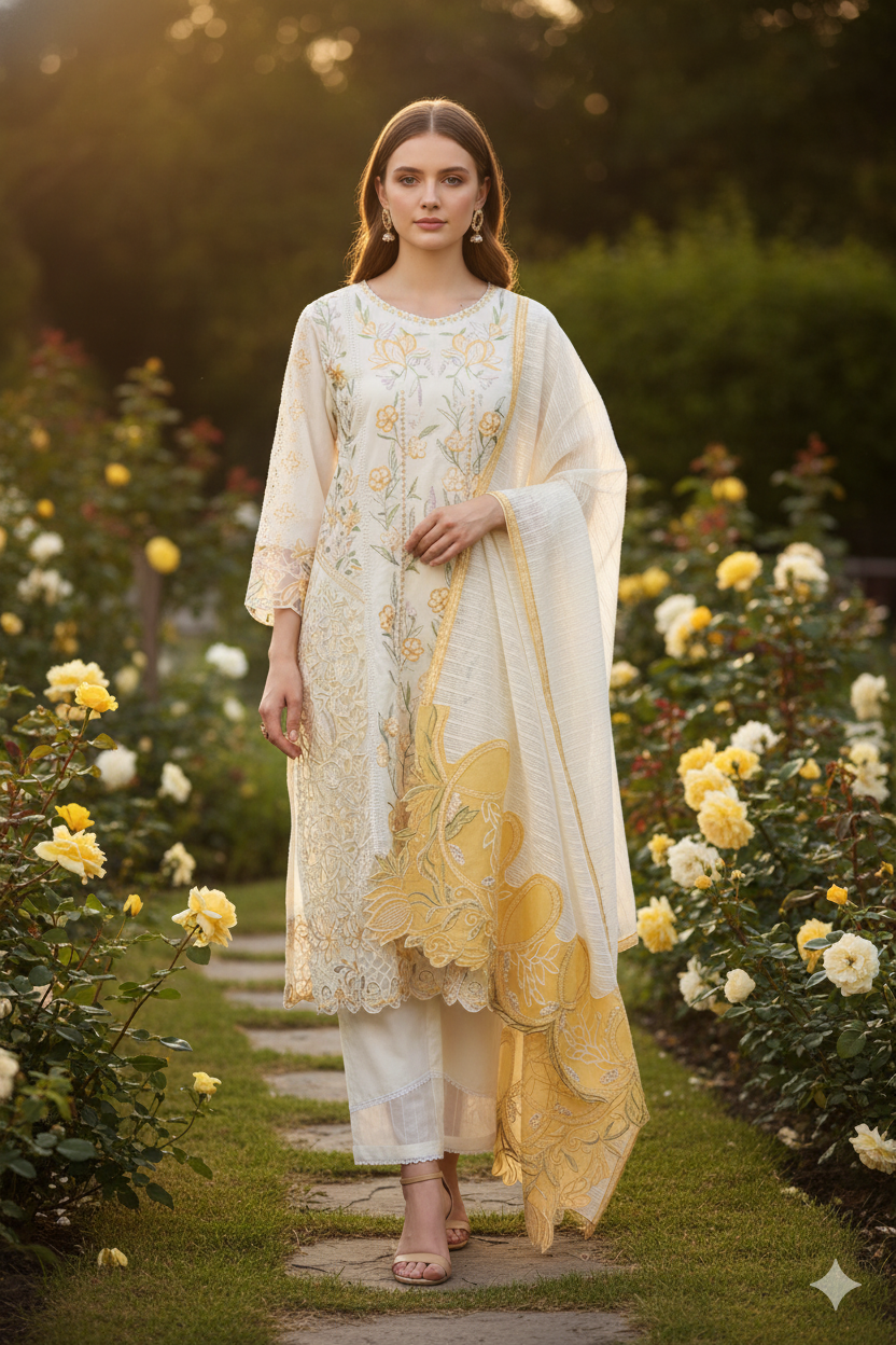 Silakaari Roomani Cream-Gold Heavy Organza Patch Fancy Dupatta Ready-Made Dress