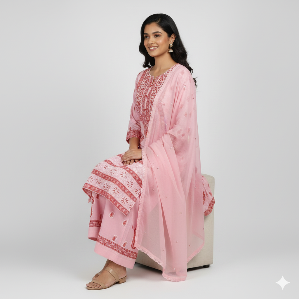Silakaari Mehazabien Pink-Red Badla Mukaish Work Premium Handwork Unstitched Dress Material