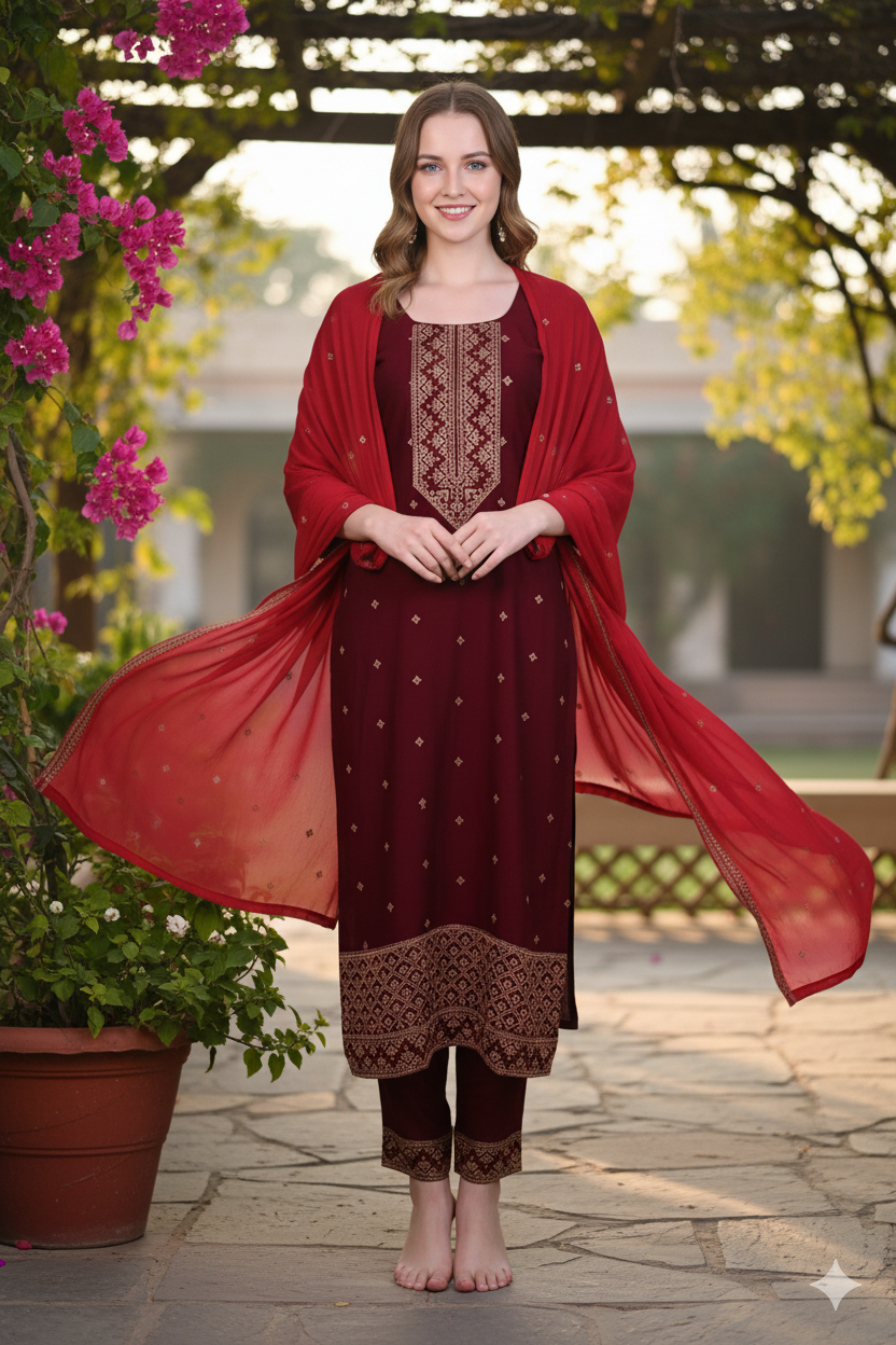 Silakaari Women's vichitra Gold Sequins Heavy Kurti Pant Dupatta Set