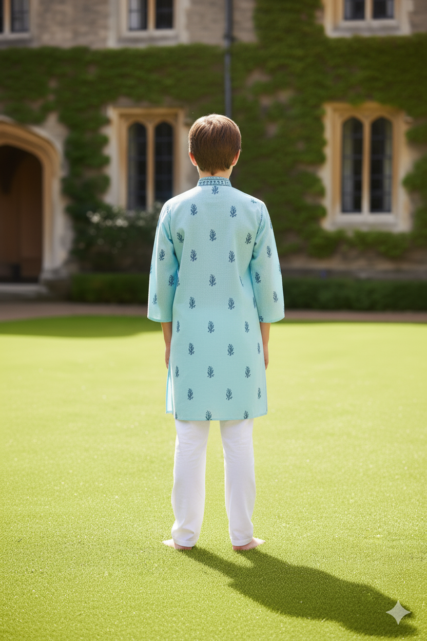 Silakaari Anas Turquoise Pure Lucknowi Chikankari Kurta Pyjama Set For Boys