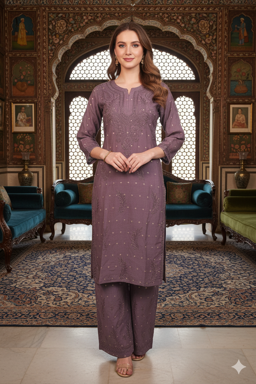 Silakaari Women's Pure Chanderi Golden Dots Kurti Palazzo Premium Lucknowi Set