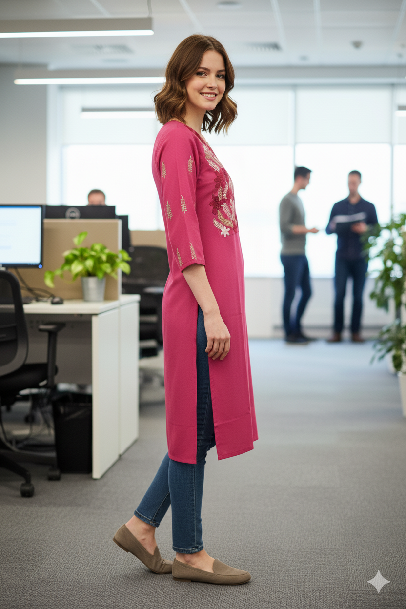 Silakaari Omera Pink loops Embroidered Long kurti