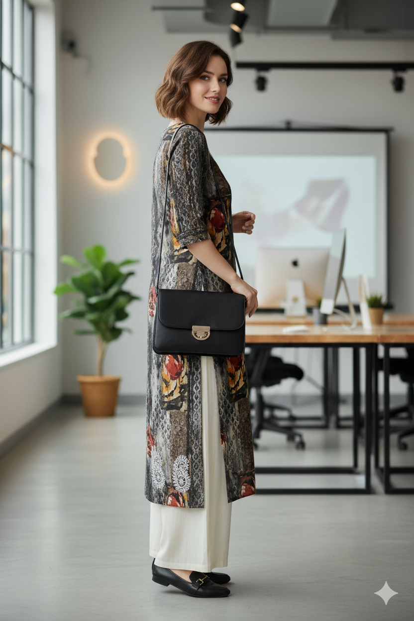 Silakaari Anya Heavy Rayon Mix & Match Black Embroidery Long Kurti