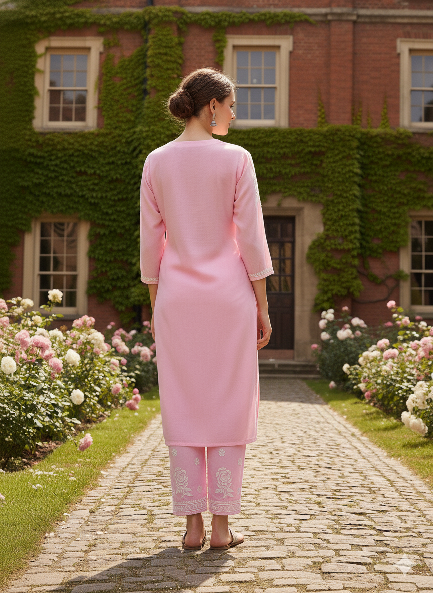 Silakaari Women's Baby Pink Modal Lucknowi Kurti Palazzo Set