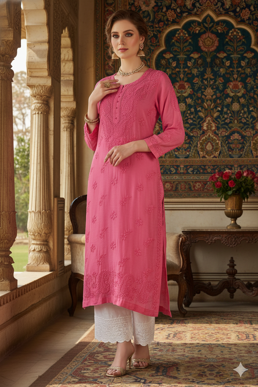 Silakaari Pure Muslin Heavy Self Theard Long Lucknowi Premium Kurti Palazzo Set