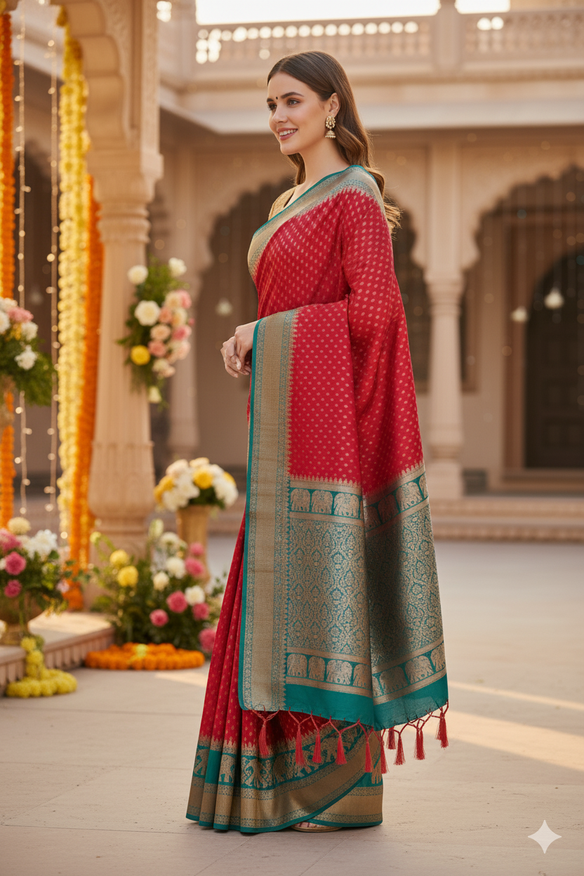 Silakaari Saba Green-Pink Heavy Zardosi Hand Work Bridal Saree