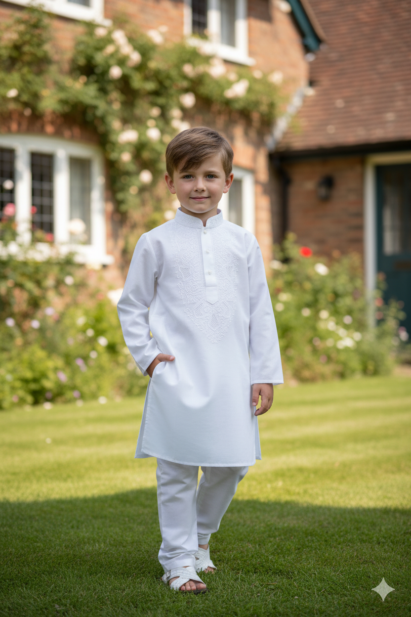Silakaari Kids White Lucknowi Pure Cotton Kurta Pajama Set For Boys