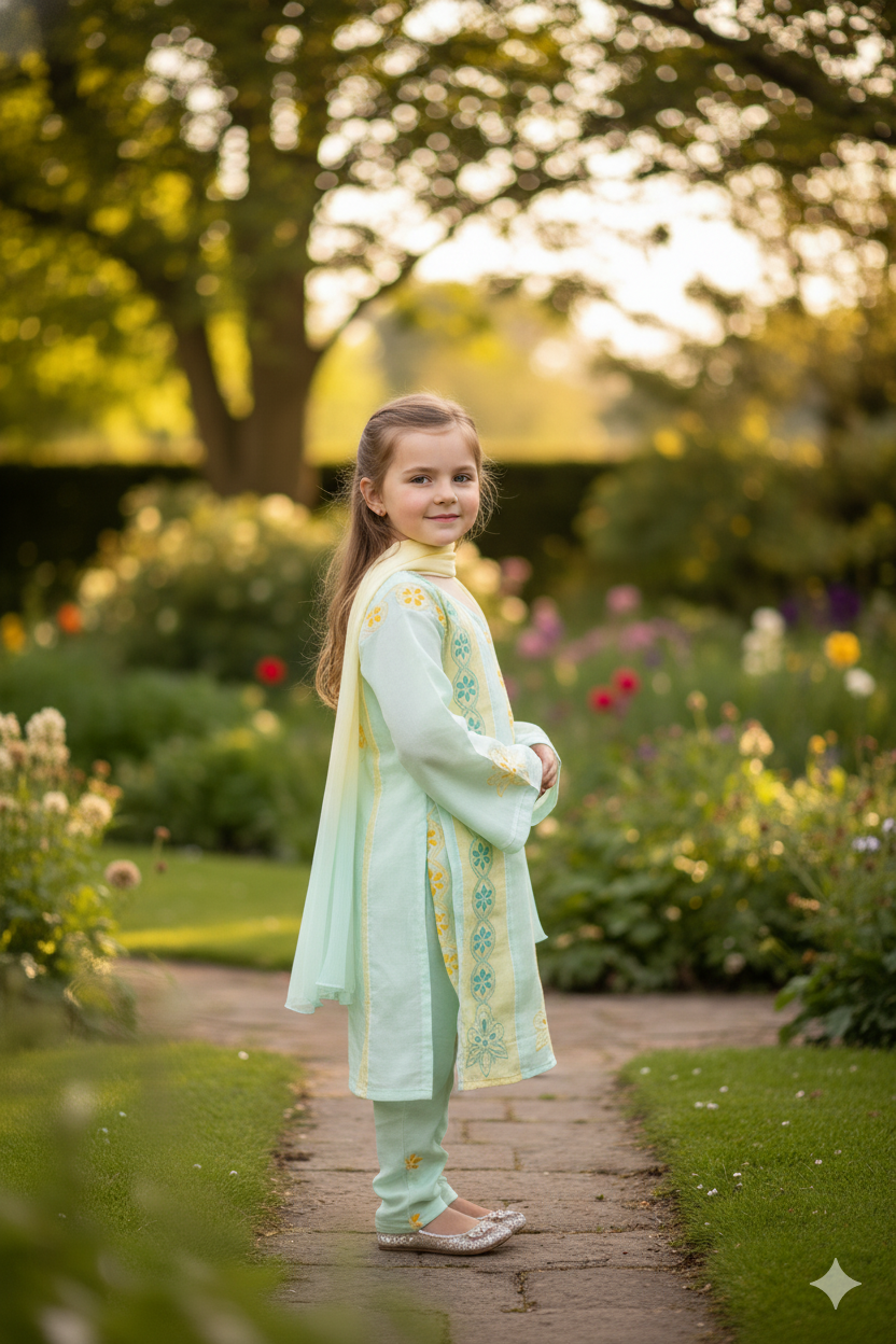 Silakaari Sadaf Green-Yellow Pure Cotton Lucknowi ChikanKari Anarkali Kurti Pant With Dupatta Set For Girls