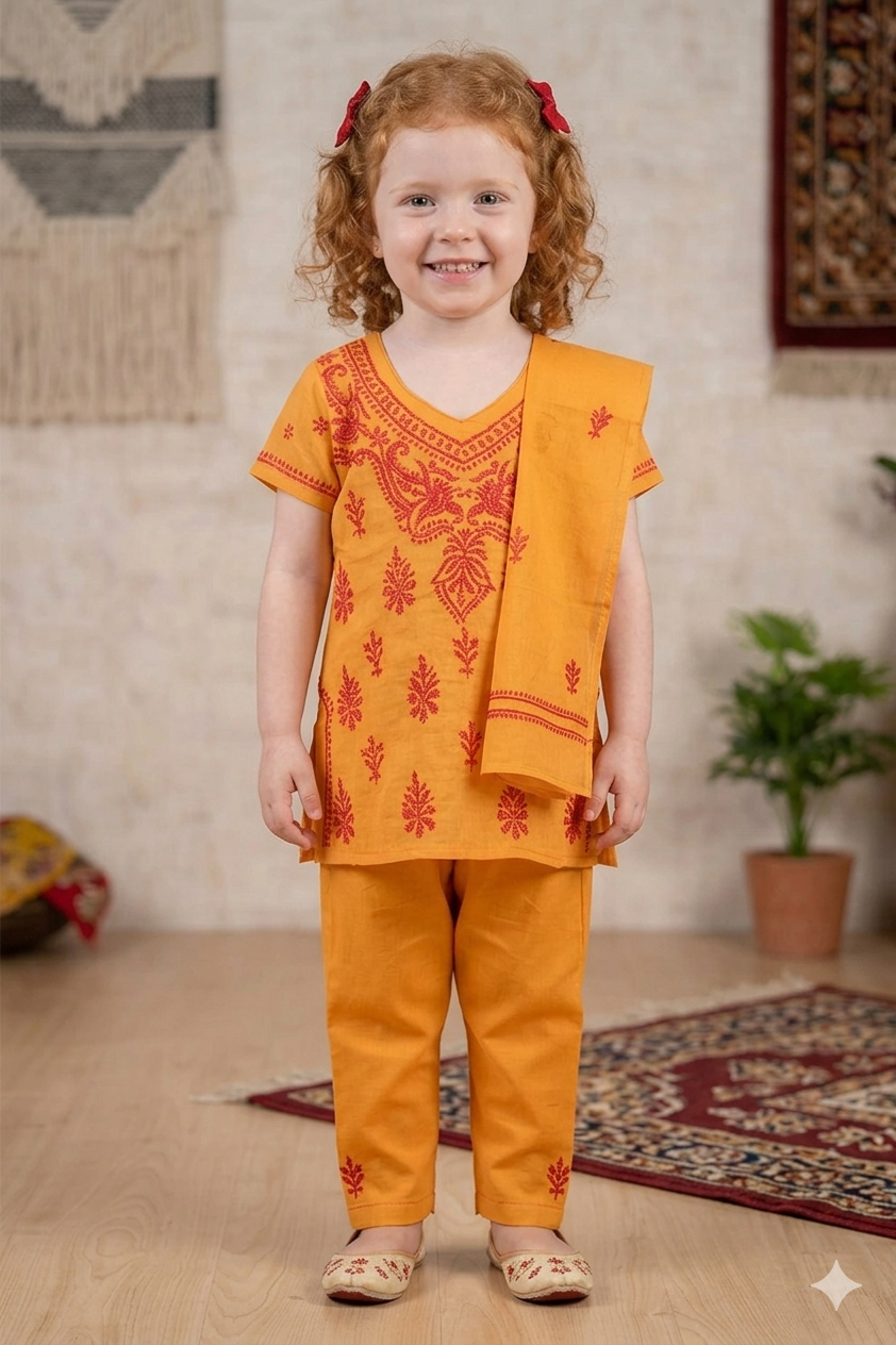 Silakaari Maha Peach-Red Pure Cotton Lucknowi ChikanKari Kurti Pant With Dupatta Set For Girls