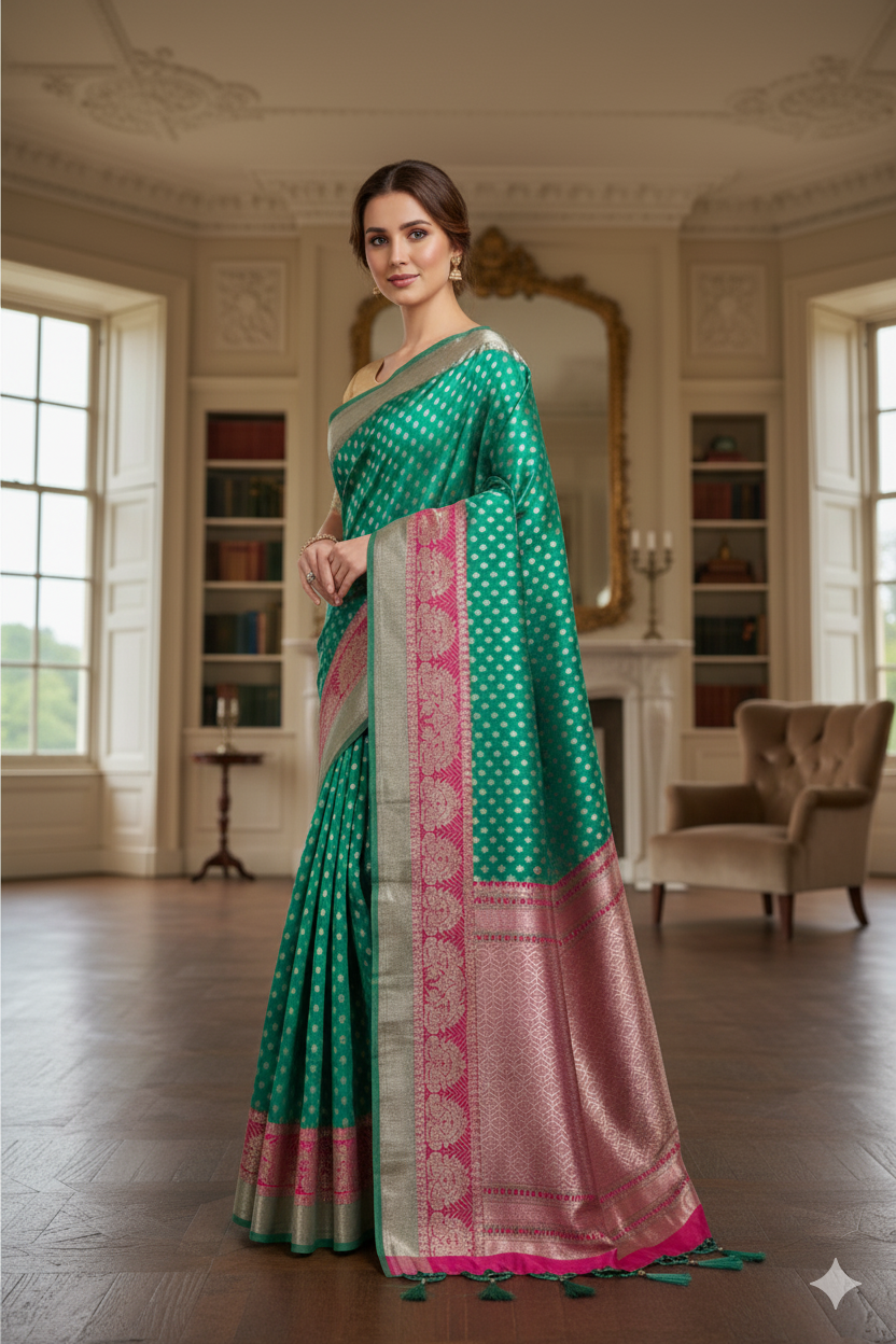 Luft Orangish Green Zardosi Embroidery Heavy Silk Bridal Saree