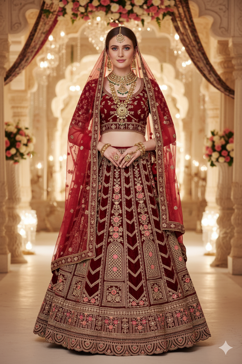 Silakaari Maroon Velvet Bridal Lehenga with Zari, Zarkan & Cutdana Work