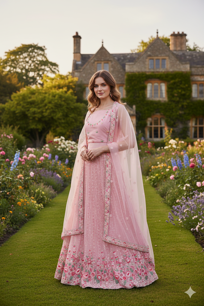 Silakaari Pink Pure Sequin Fancy Heavy Embroidery Unstitched Lehenga Sharara Set