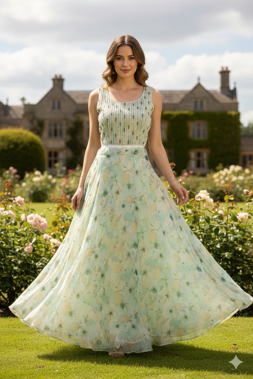 Silakaari Light Green Lime Pearl finish Organza Party Wear Lehenga Sharara set