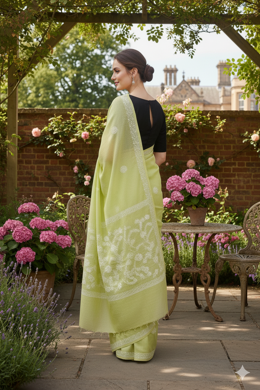 Silakaari Haryali Green-White Pure Cotton Fine Embroidery Lucknowi Saree