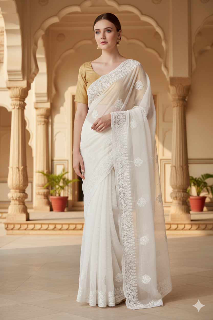 Silakaari Cream-Gold Pure Organza Fine Handwork Lucknowi Premium Saree