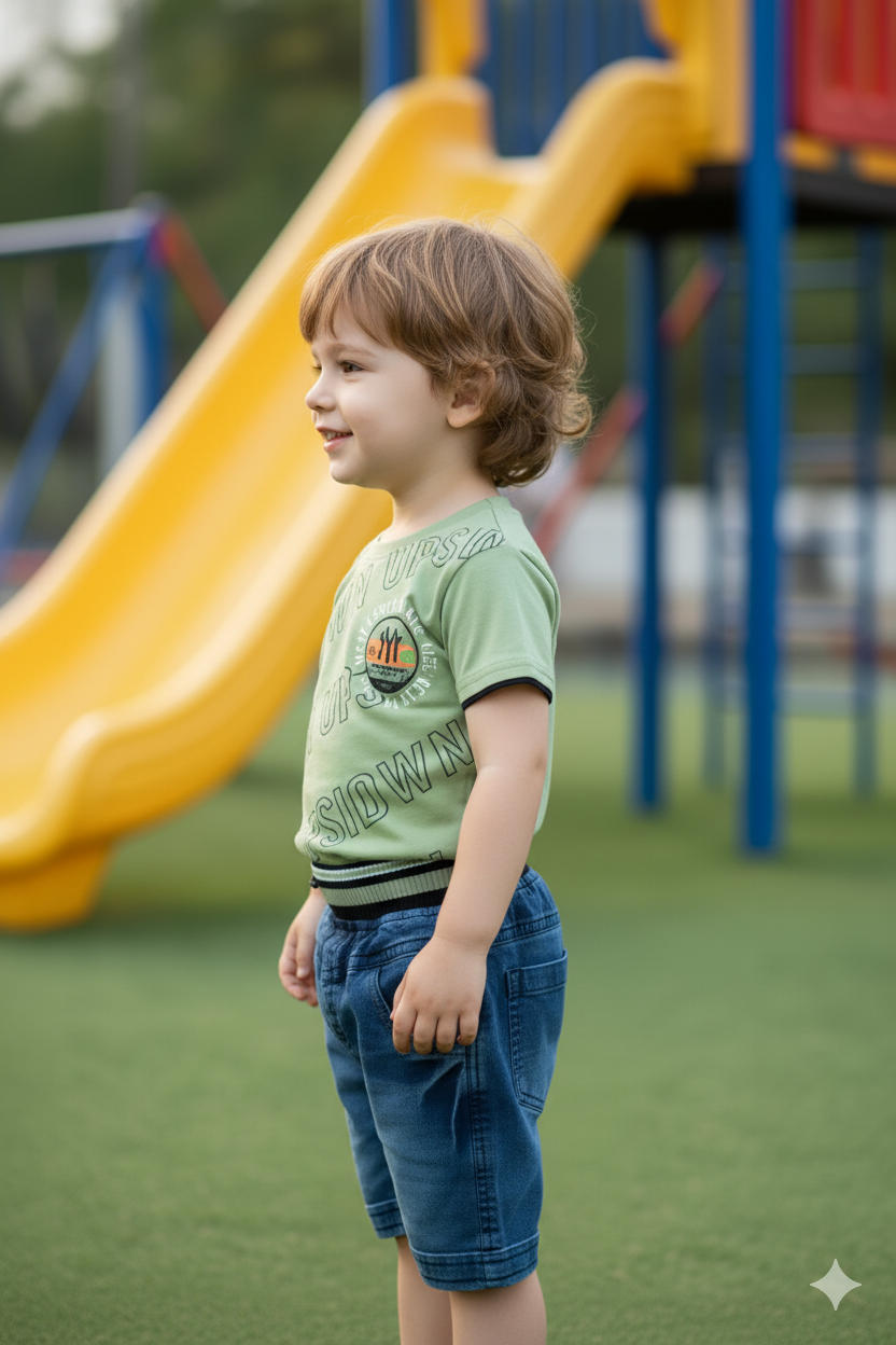 Silakaari Kids Printed T-Shirt & Short Denim Set For Boys