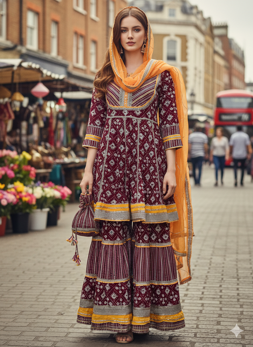 Silakaari Women's Maroon & Yellow Heavy Gotta Patti Full Garara Set With Potli