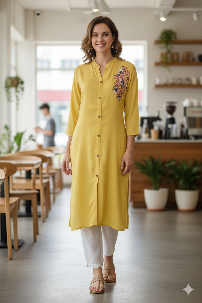 Silakaari Sonia Yellow Rayon Embroidery Long Kurti