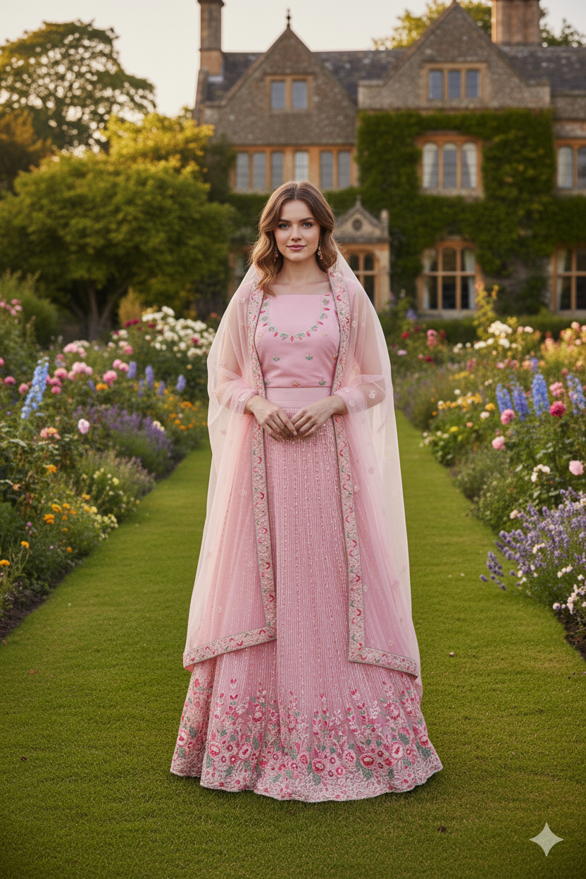 Silakaari Pink Pure Sequin Fancy Heavy Embroidery Unstitched Lehenga Sharara Set