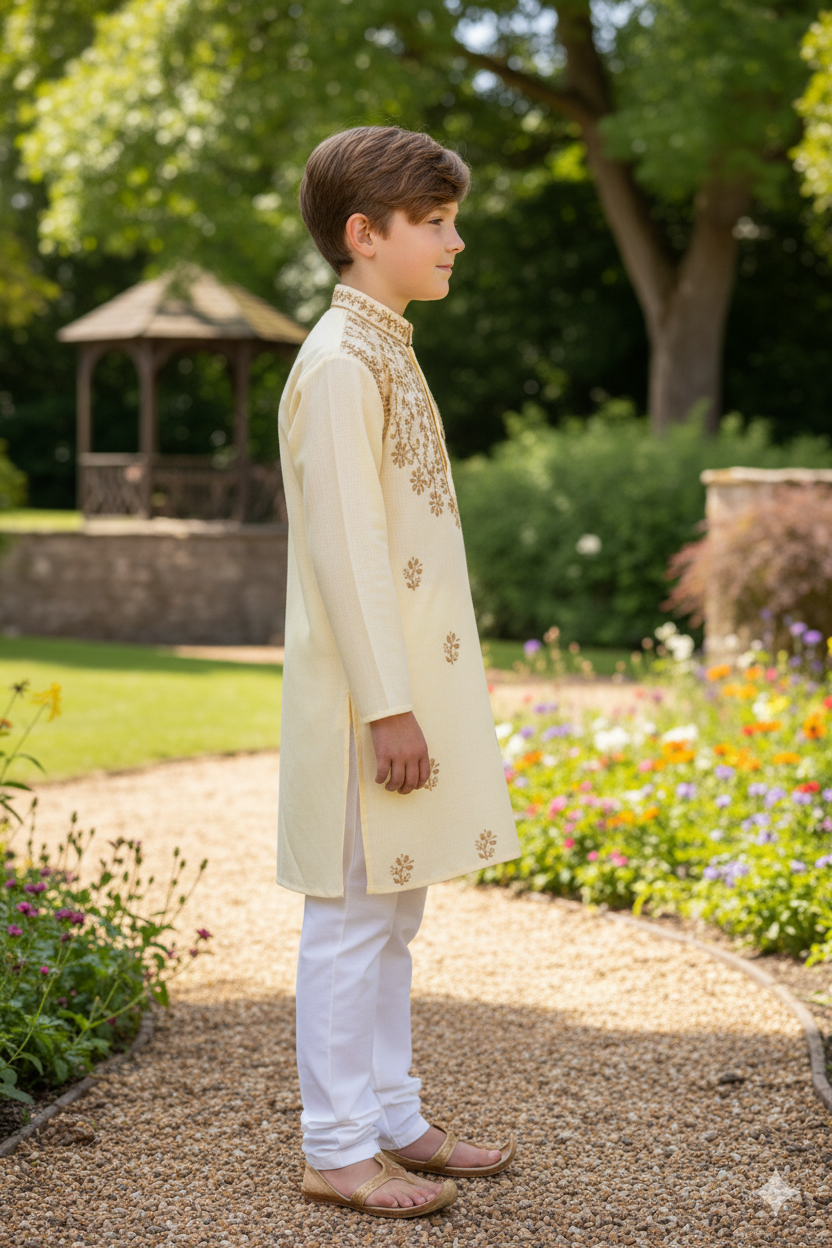 Silakaari Aayan Beige-Brown Pure Lucknowi Chikankari Kurta Pyjama Set For Boys