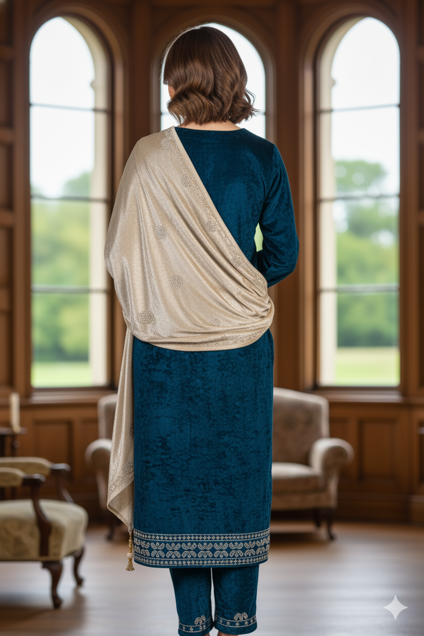 Silakaari Mahima Turquoise Dimond Pure Velvet Fancy Bridal Kurti Pant Set